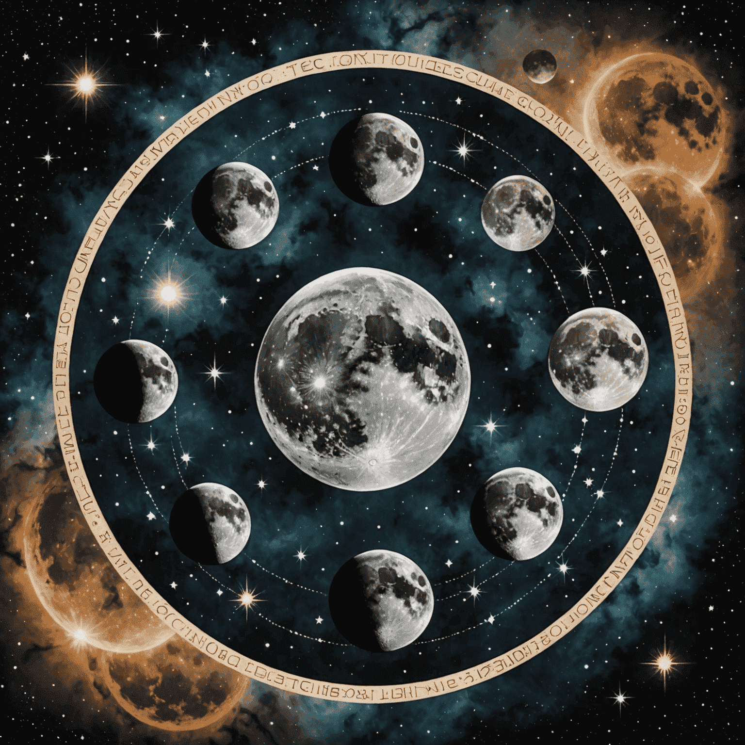 Eine Collage von Mondphasen, die den Vollmond, Halbmond und Neumond zeigt, umgeben von Sternen und Nebeln, um die kosmische Verbindung zu symbolisieren